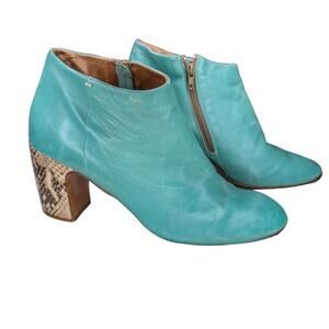 Now Ankle Boots Teal Blue Soft Leather Snake Print Block Heel Made In Italy 40 9